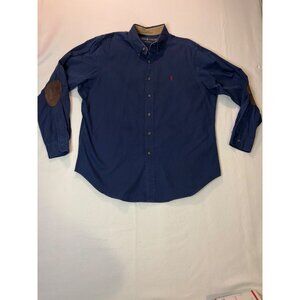 Ralph Lauren Mens Classic Fit Navy Button-Down Shirt With Elbow Patches Size XL